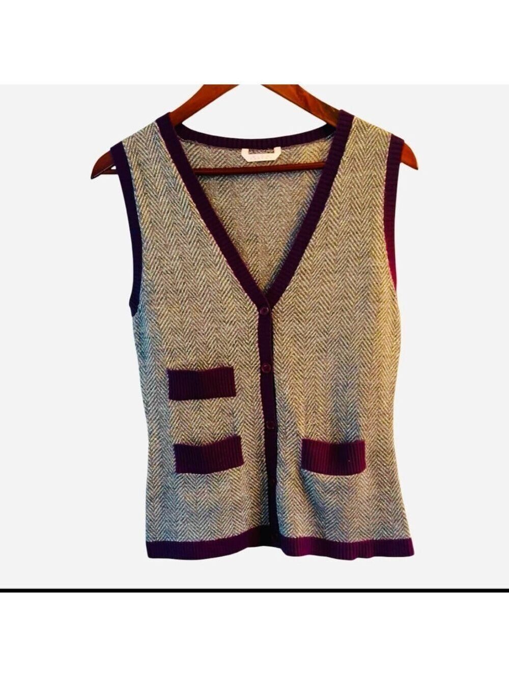 PINK TARTAN Grey Knit Vest  w/metallic Thread Burgundy Trim Button Front Small